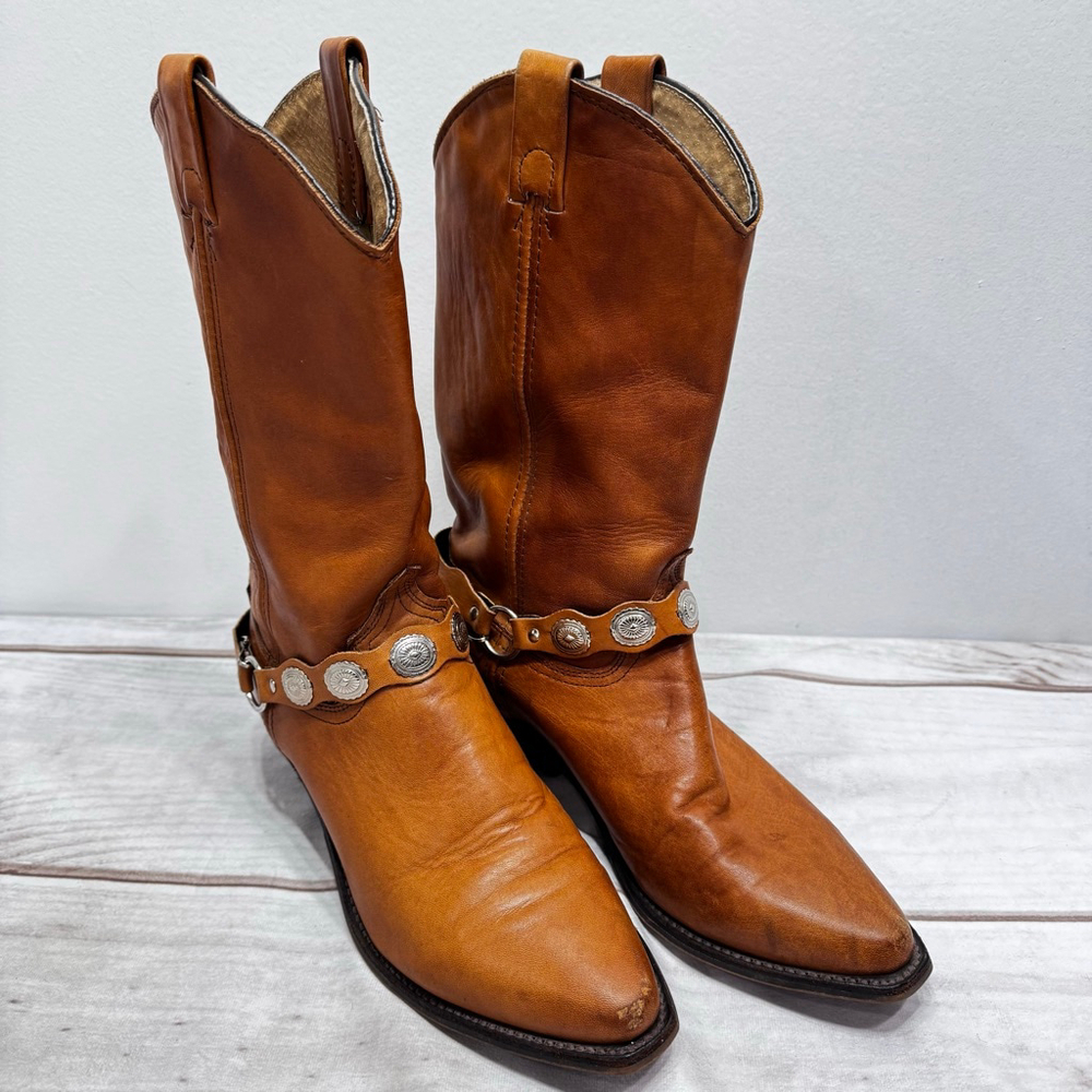 Tan Camel Abilene Western Boots Genuine Leather Silver Concho Strap Cowgirl 7.5M - Picture 4 of 10